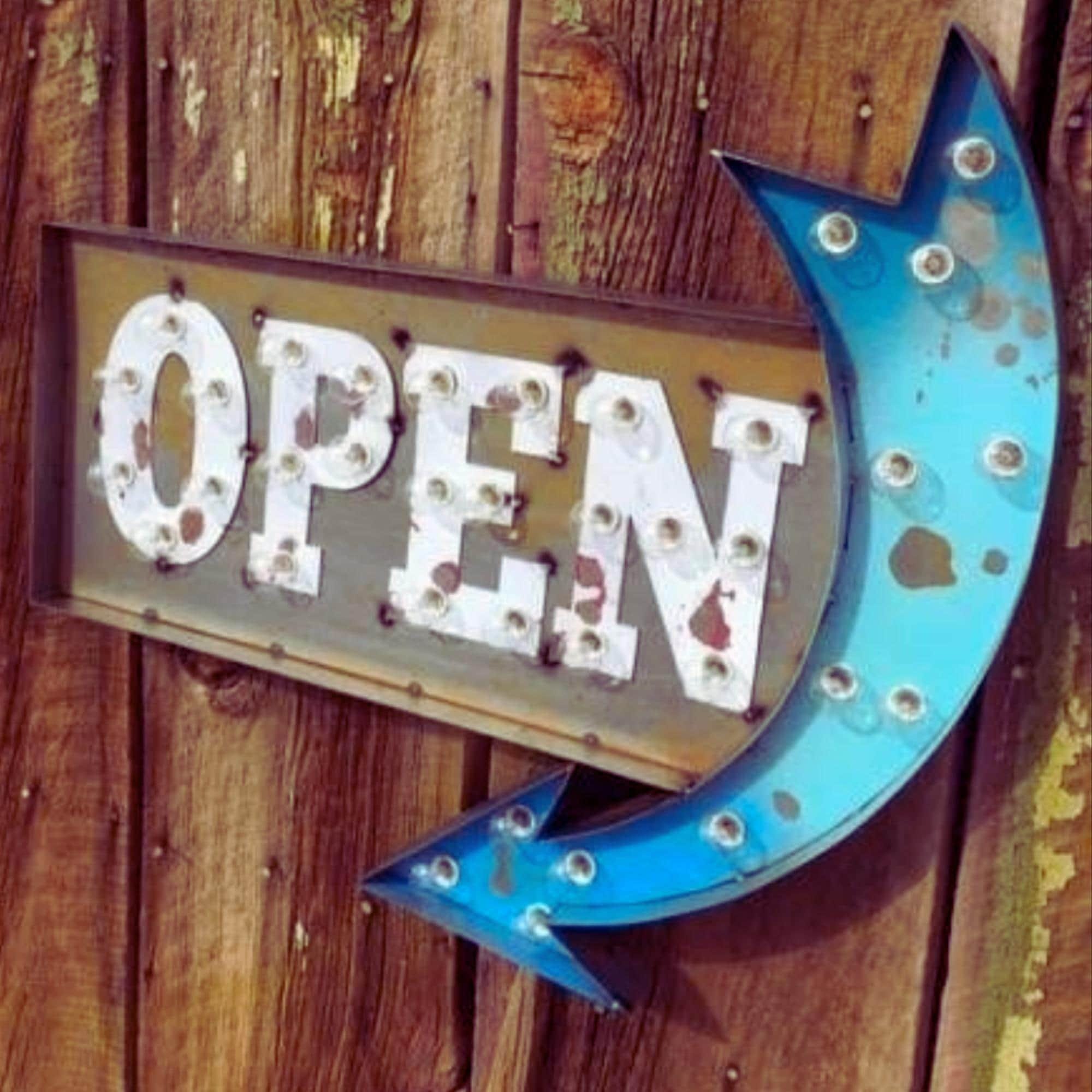 Marquee sign open sign large metal custom lighted open sign with arrow… come in sign welcome sign tasting room bar sign photos sign bakery