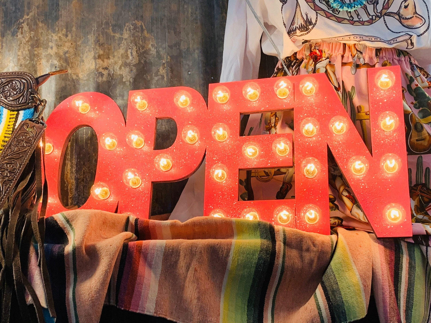 Custom lighted marquee 'Open' sign – ideal for boutiques, vendors, or events. Handcrafted wood design with bright lights to draw attention!