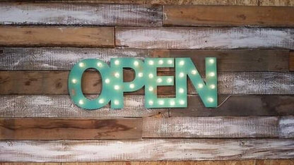 Custom lighted marquee 'Open' sign – ideal for boutiques, vendors, or events. Handcrafted wood design with bright lights to draw attention!