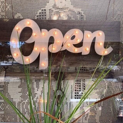 Custom lighted marquee 'Open' sign – ideal for boutiques, vendors, or events. Handcrafted wood design with bright lights to draw attention!