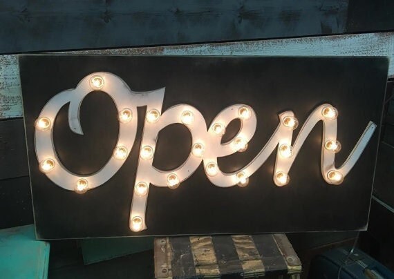 Wood open sign marquee; vertical open sign; lighted open sign; open sign; lighted sign on plank