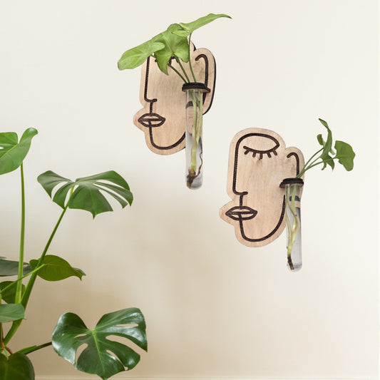 Impressionist face wood wall art living plant propagation water plants; mid century modern, boho, customized, propagation station, wall vase