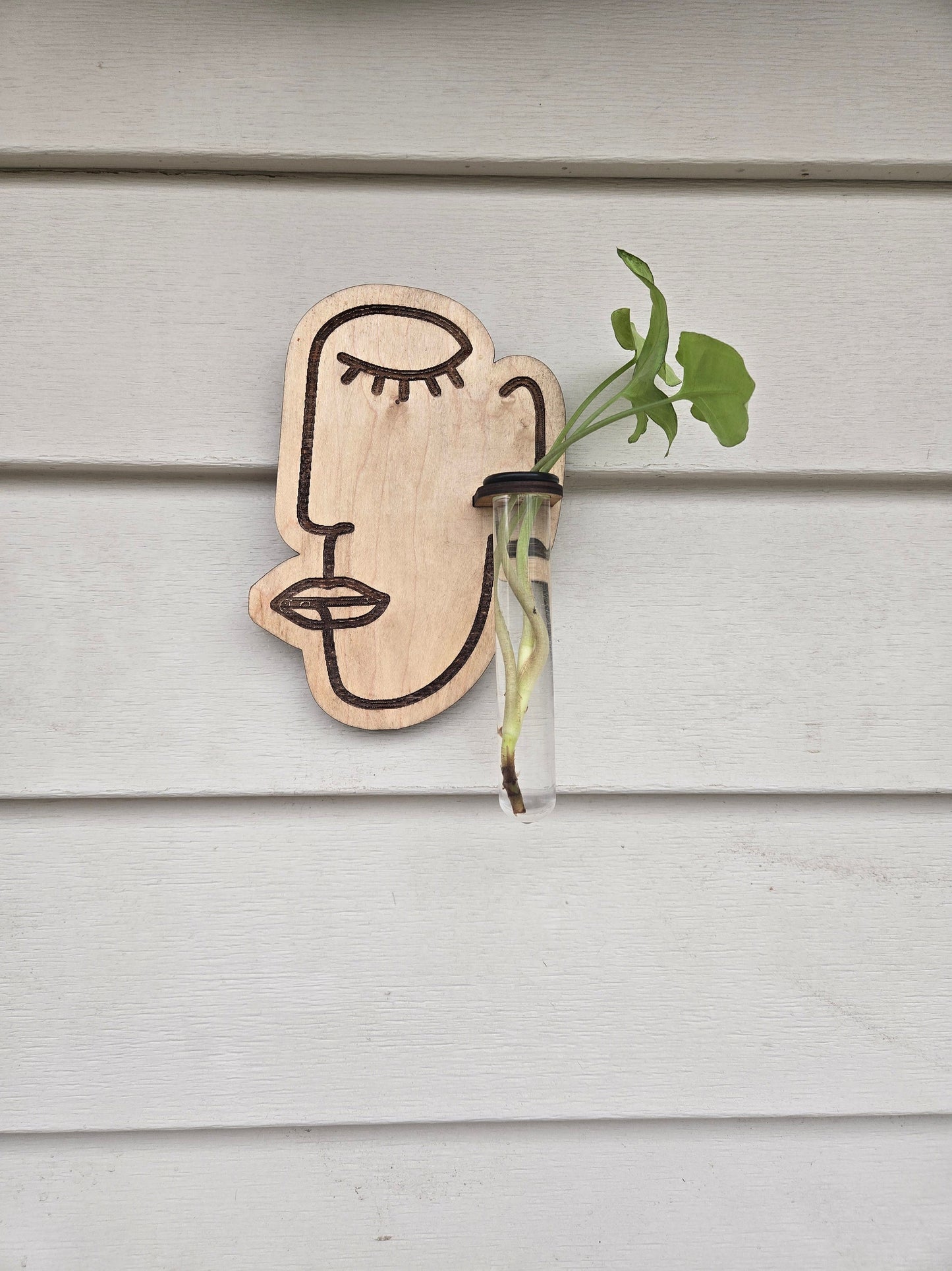 Impressionist face wood wall art living plant propagation water plants; mid century modern, boho, customized, propagation station, wall vase