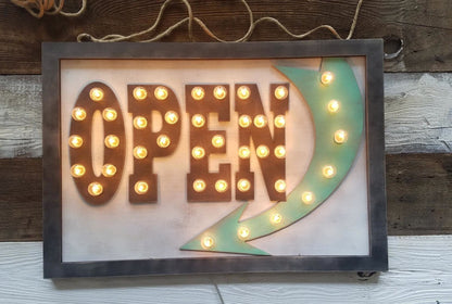 Lighted wood arrow marquee sign... bar business wedding gift home decor open directions