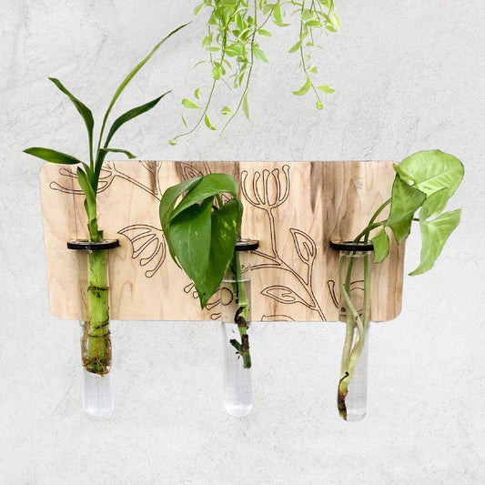 Triple flower wood wall art living plant propagation water plants; mid century, boho, customized, propagation station, wall vase, home decor