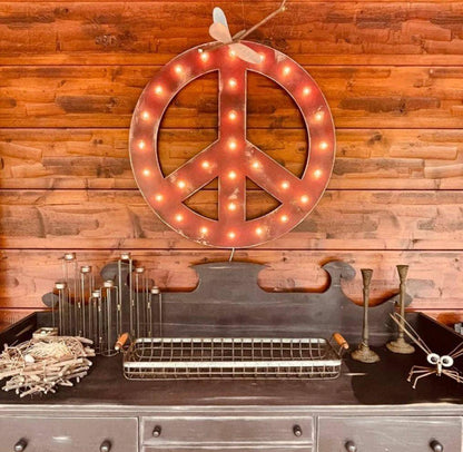 Peace sign vintage marquee lighted wood sign