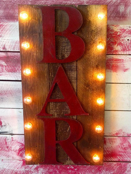 Vintage style custom and personalized wood lighted sign bar beer photos pub business open cocktails cheers open