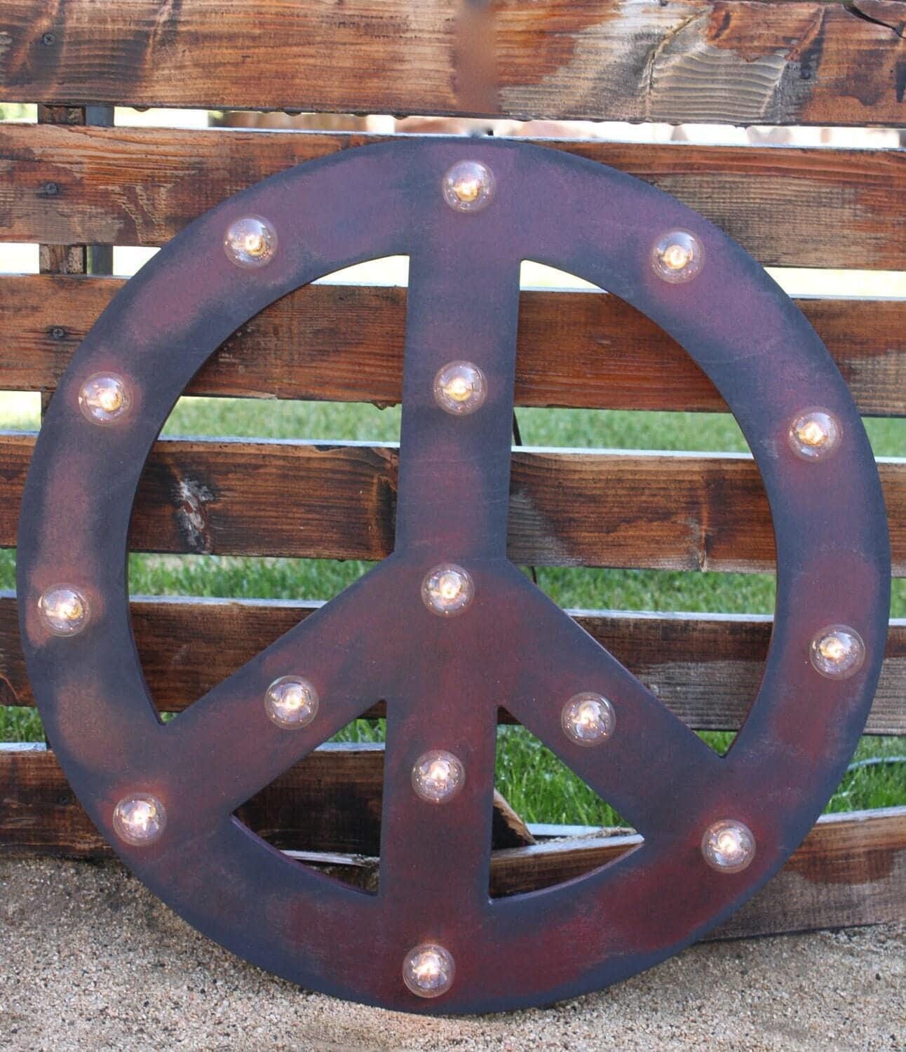 Peace sign vintage marquee lighted wood sign