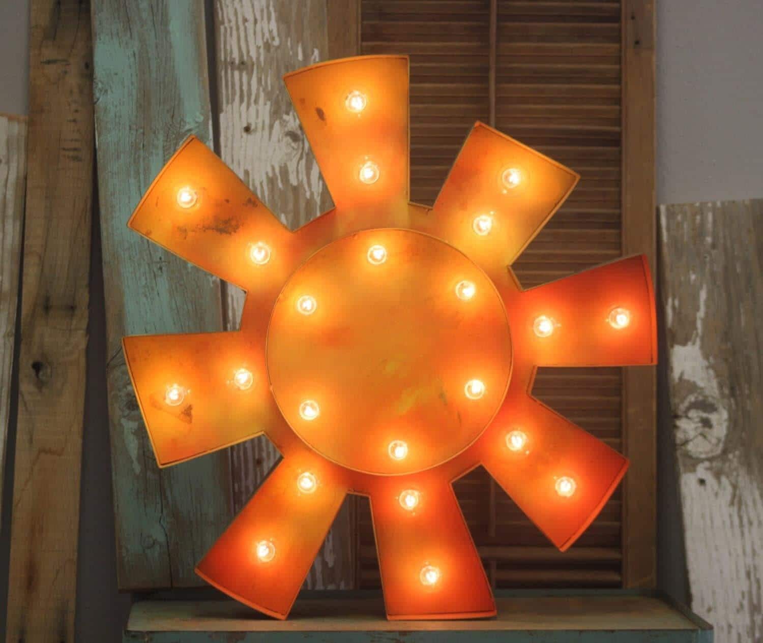 Vintage Style Metal Sun Marquee Light, Weathered Finish