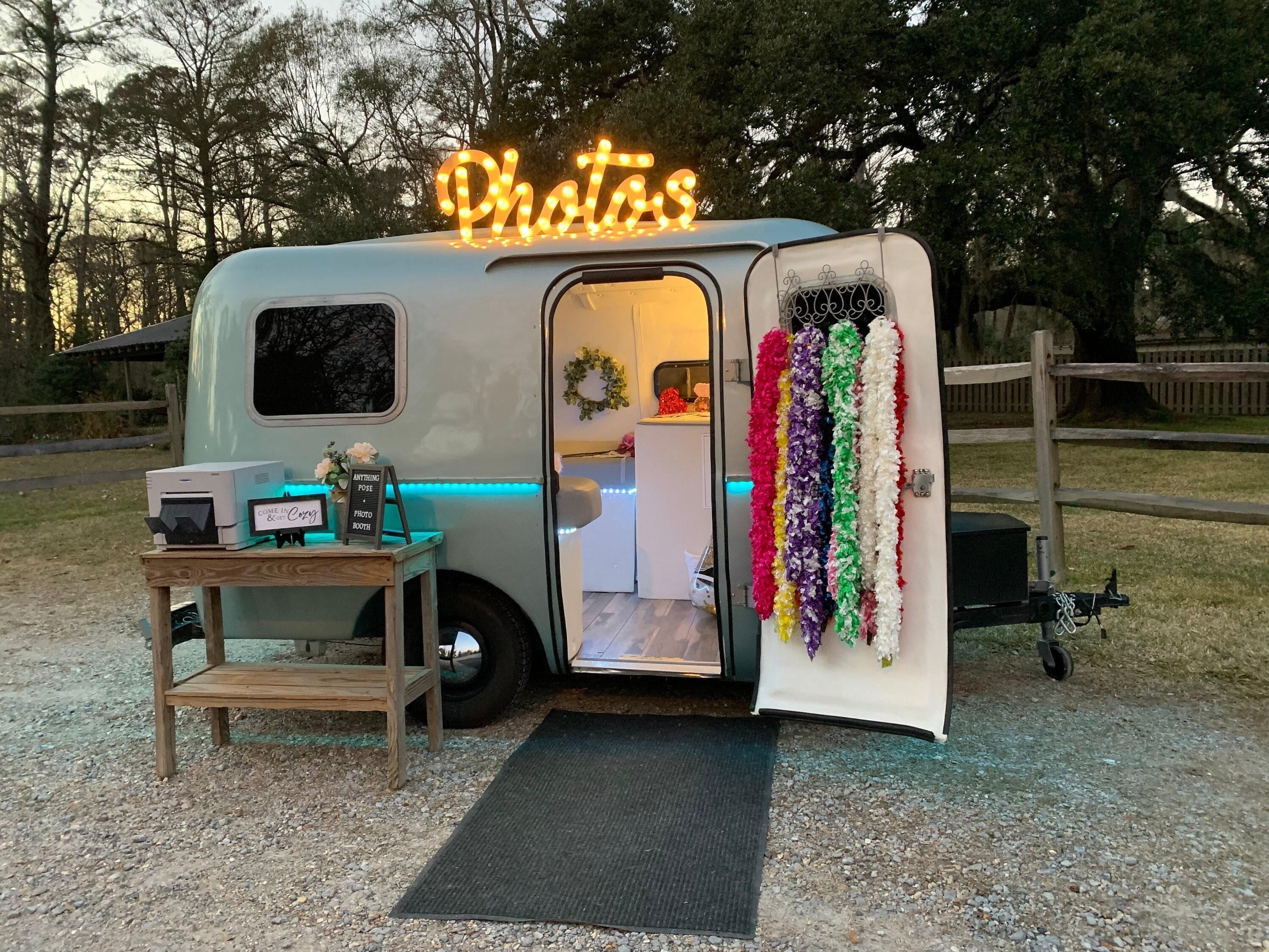 Custom lighted marquee sign, metal or wood letters, wedding decor Mobile Business Booth Bus