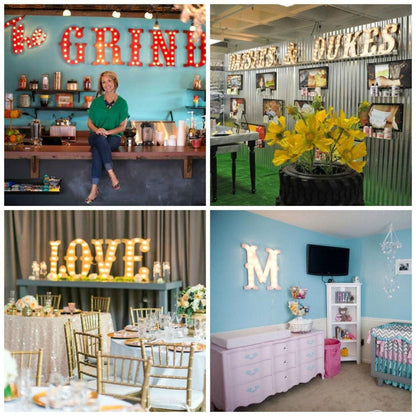 Wood marquee sign: 4pc lighted letters, custom word decor