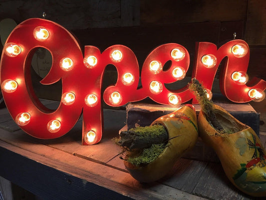 Custom lighted open sign – handcrafted wood marquee, boutique decor
