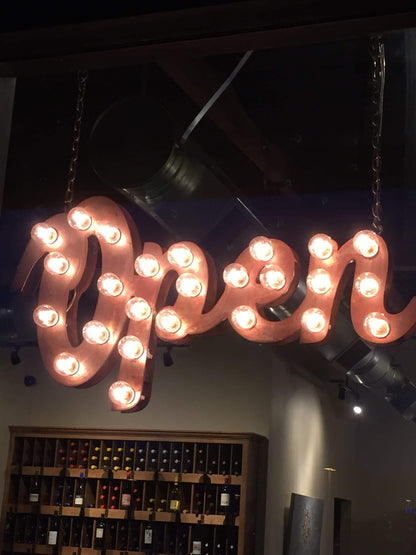 Custom lighted open sign – handcrafted wood marquee, boutique decor