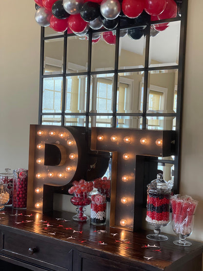 Custom wedding marquee sign: lighted engagement ring decor
