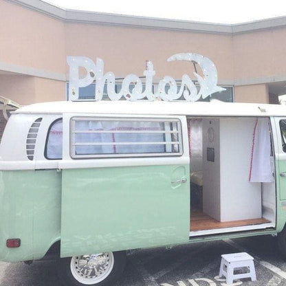 Custom lighted marquee sign, metal or wood letters, wedding decor mobile business booth bus