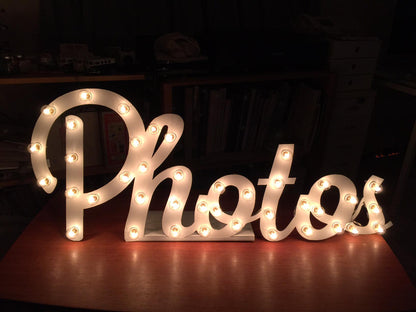 Custom lighted marquee sign, metal or wood letters, wedding decor mobile business booth bus