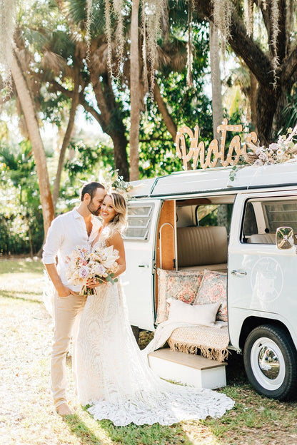 Custom lighted marquee sign, metal or wood letters, wedding decor mobile business booth bus