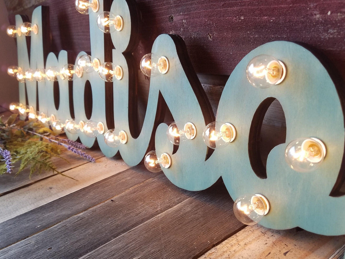 Custom wood marquee sign, personalized lighted letters