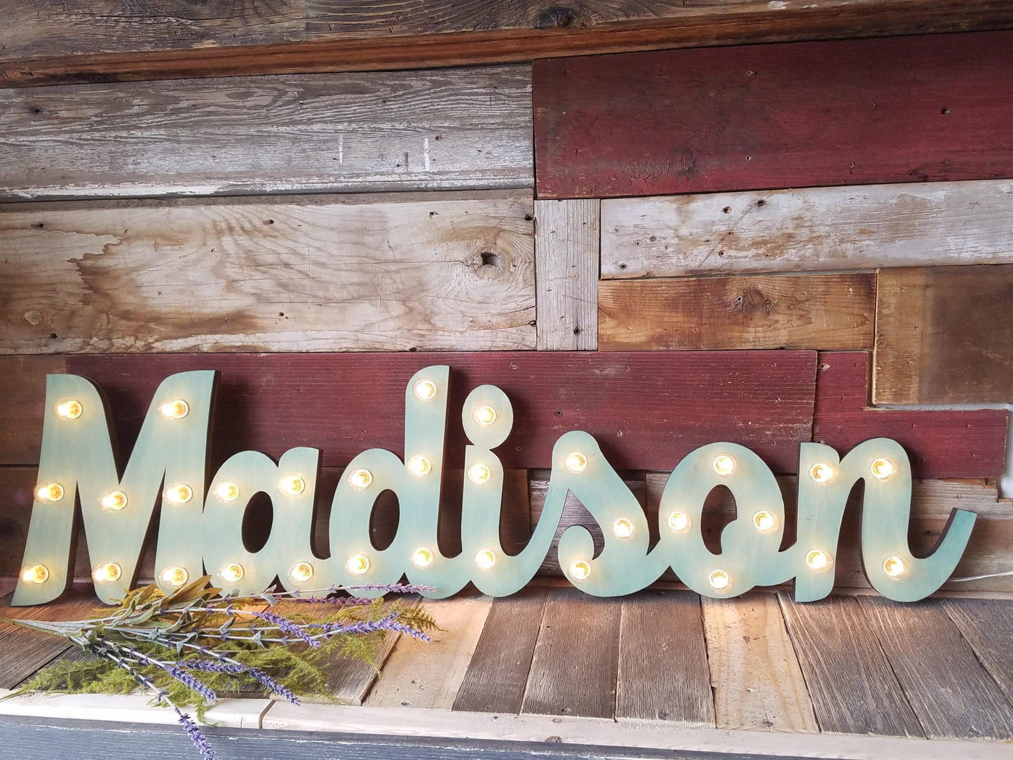Custom wood marquee sign, personalized lighted letters
