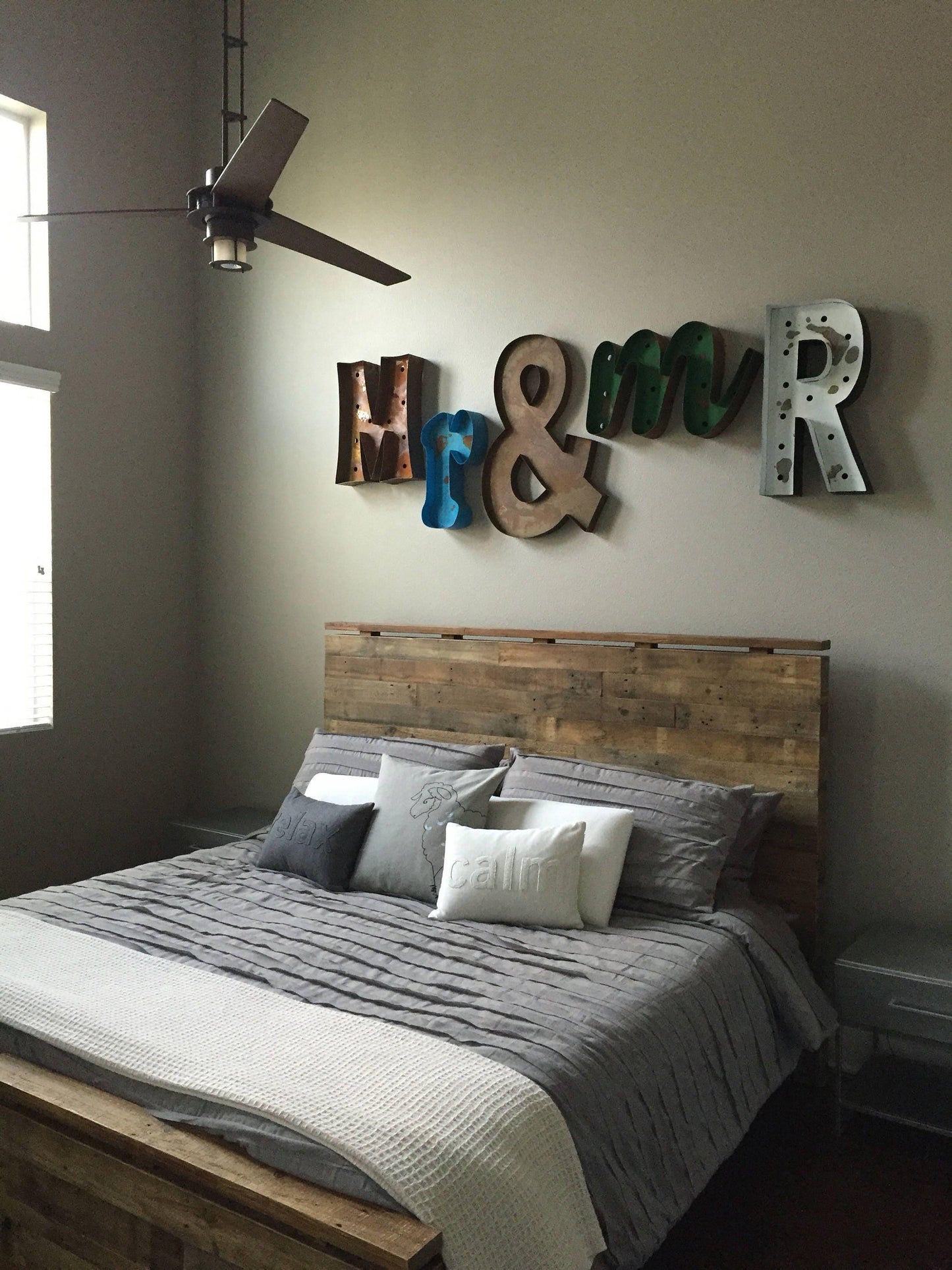 24" metal channel letter: distressed initial, succulent or cork display