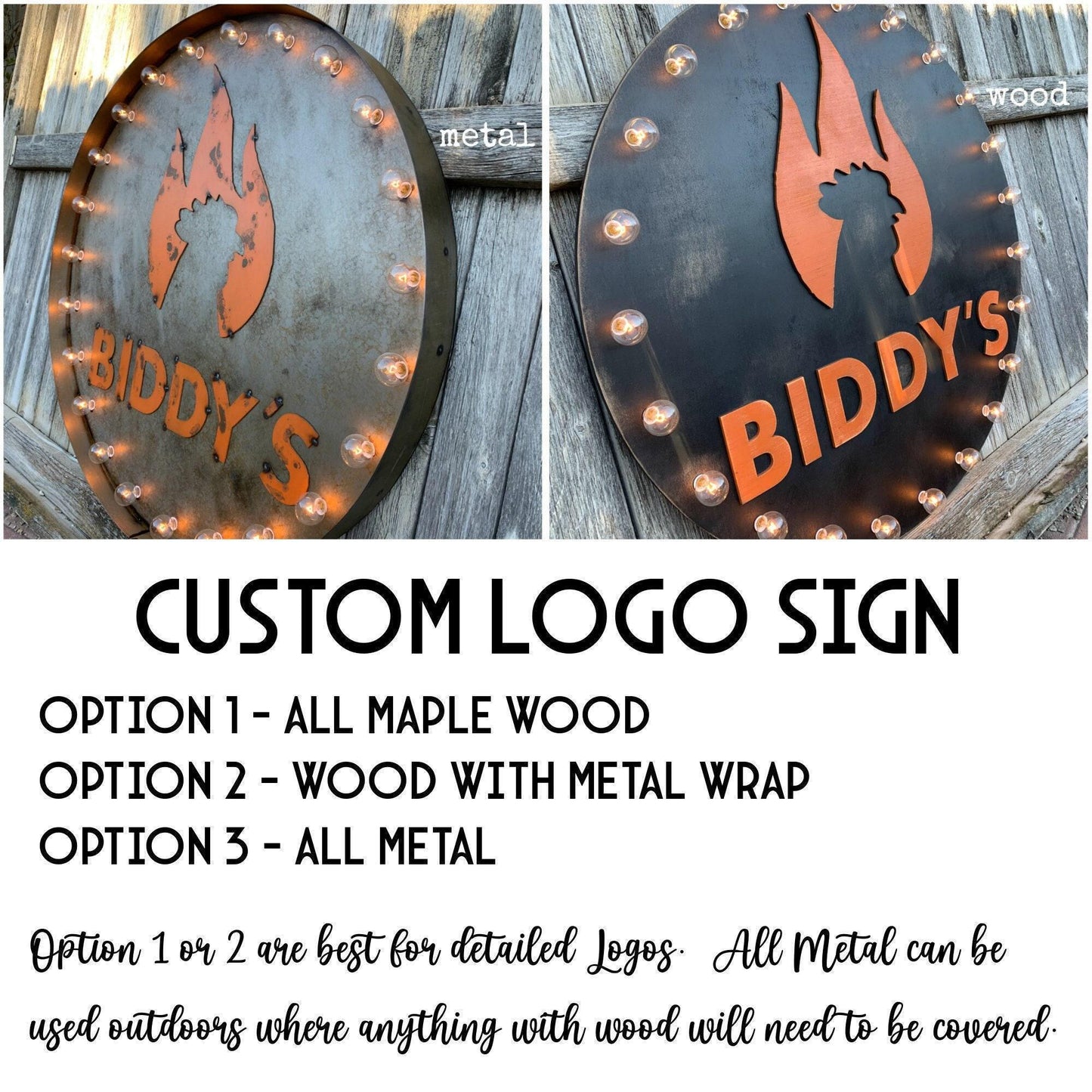 Custom logo marquee sign – vintage style lighted wood metal business signage