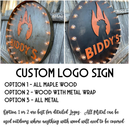 Custom logo marquee sign – vintage style lighted wood metal business signage