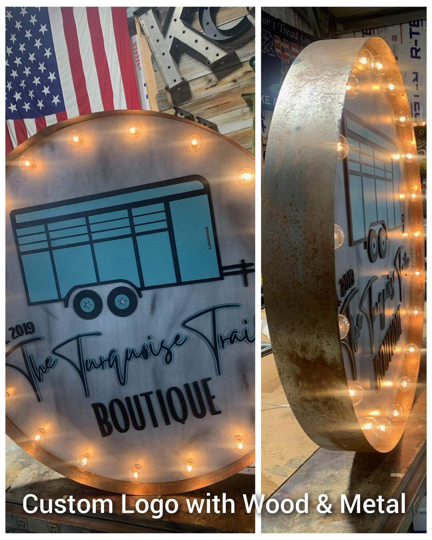 Custom logo marquee sign – vintage style lighted wood metal business signage