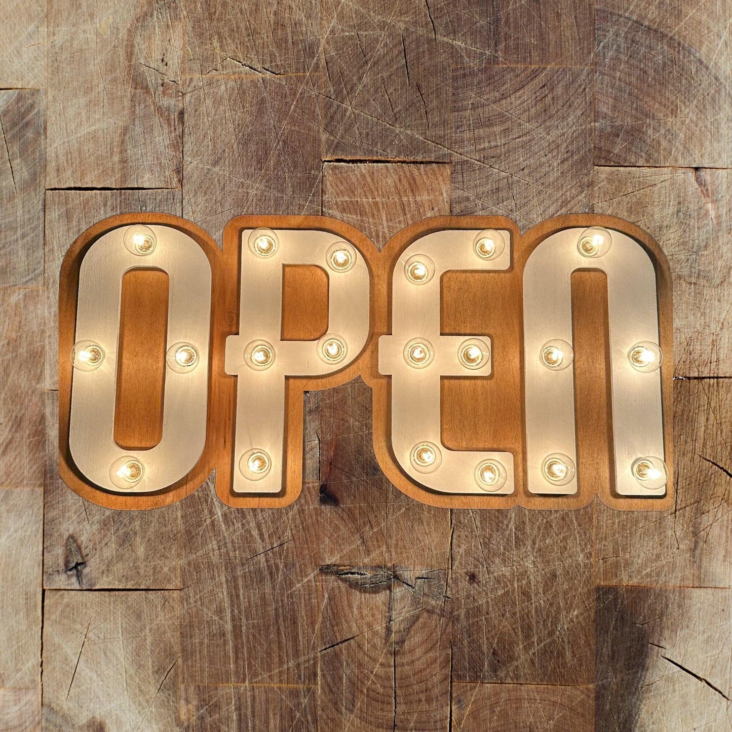 Handmade wood open marquee sign – lighted business decor