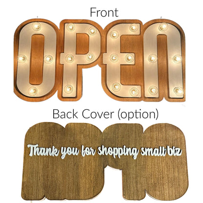 Handmade wood open marquee sign – lighted business decor