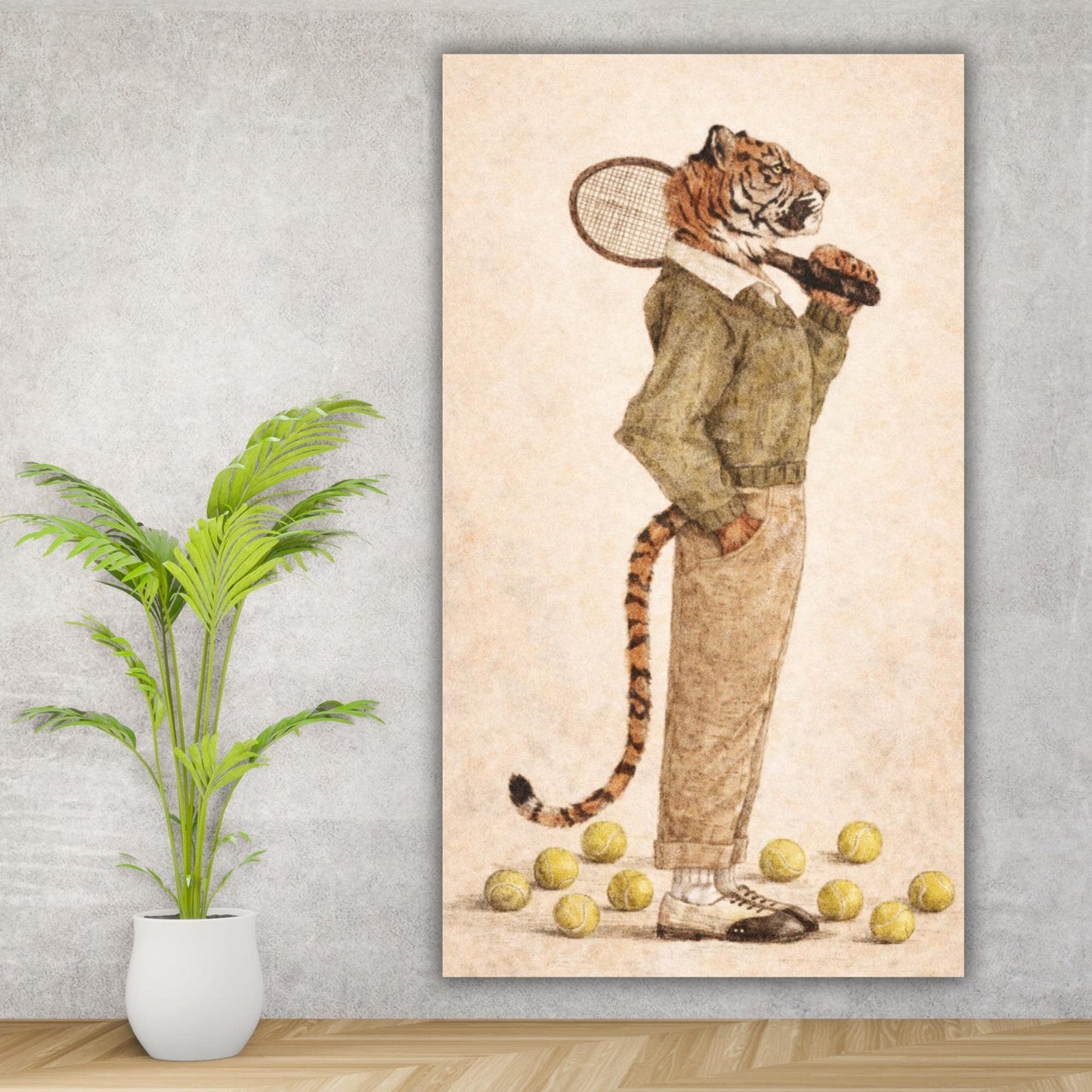 Tiger tennis player canvas print, whimsical animal artwork, country club decor