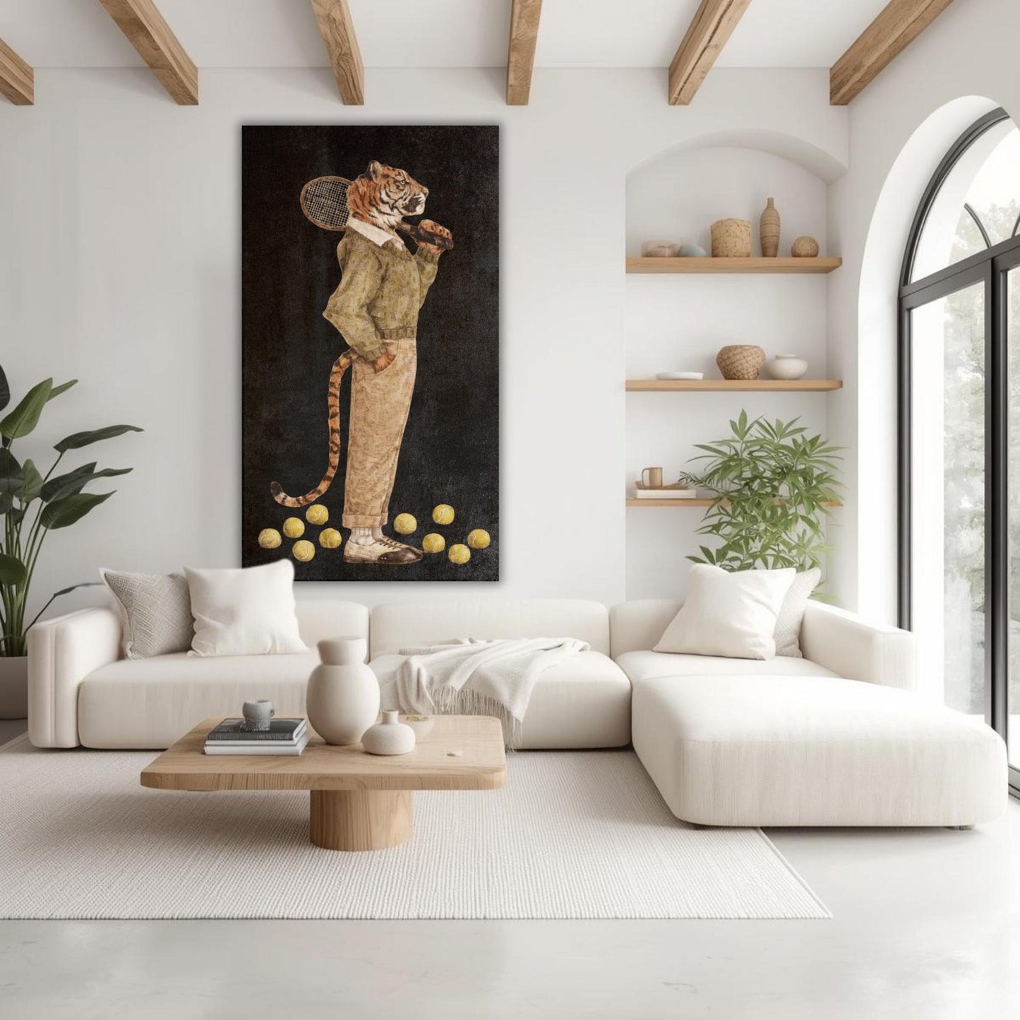 Tiger tennis player canvas print, whimsical animal artwork, country club decor