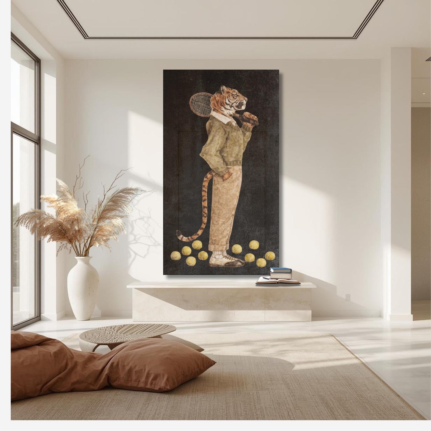 Tiger tennis player canvas print, whimsical animal artwork, country club decor