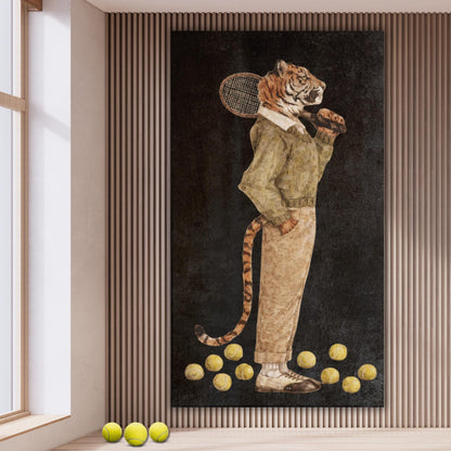 Tiger tennis player canvas print, whimsical animal artwork, country club decor