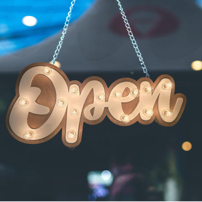 Wood open sign marquee: lighted business sign, custom boutique decor