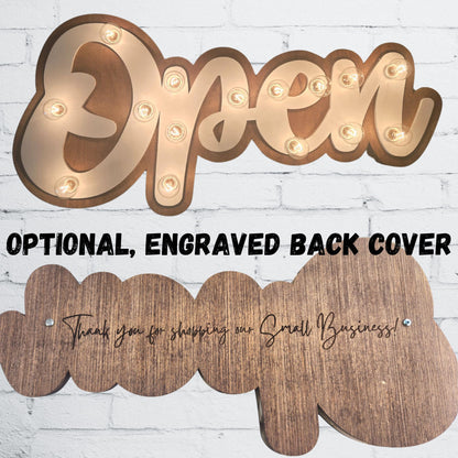 Wood open sign marquee: lighted business sign, custom boutique decor
