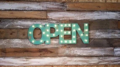 Handmade wood open marquee sign, lighted business decor