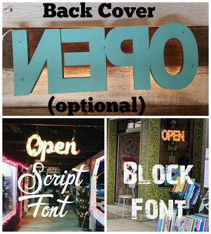 Handmade wood open marquee sign, lighted business decor