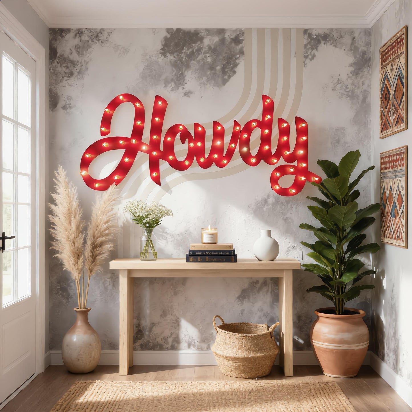 Custom lighted howdy sign | maple wood marquee wall decor | rustic farmhouse led welcome sign