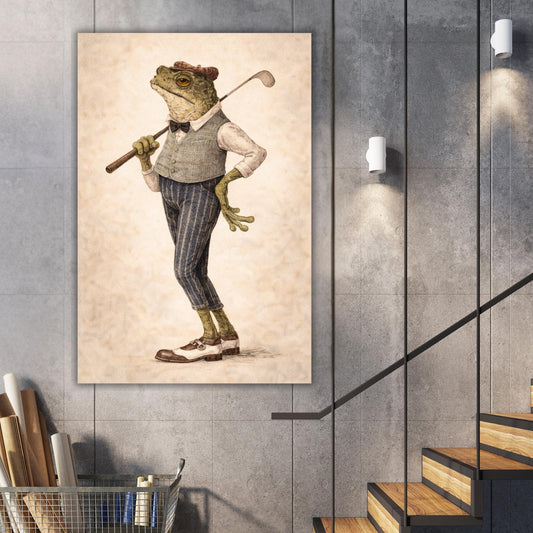 Vintage frog gentleman golf art print, whimsical canvas wall decor