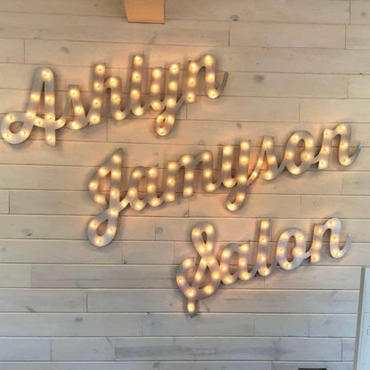 Custom lighted wood marquee name sign, personalized wedding decor business