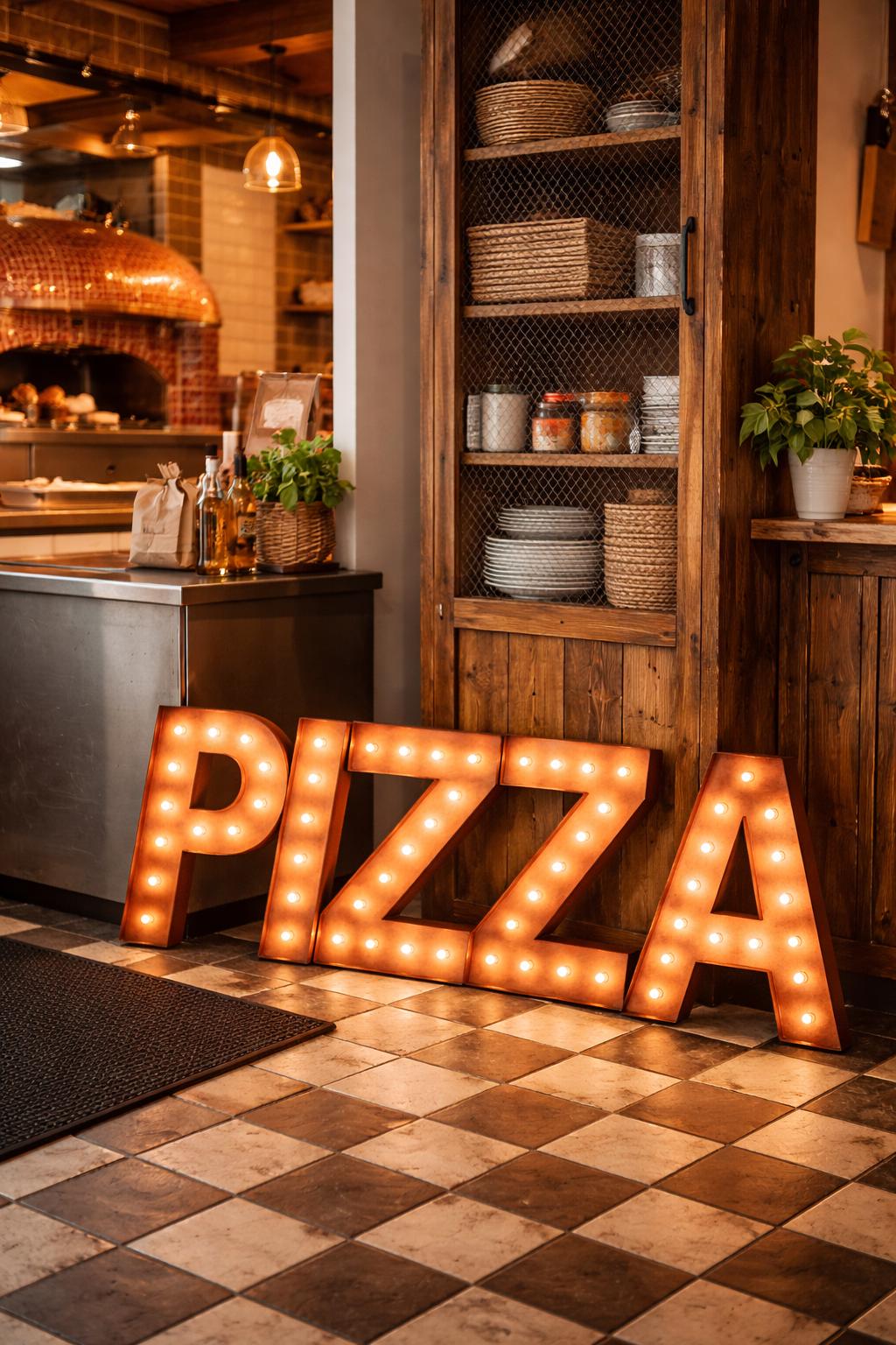 Custom wood marquee letters: lighted coffee bar, pizza restaurant signage