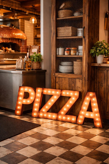 Custom wood marquee letters: lighted coffee bar, pizza restaurant signage