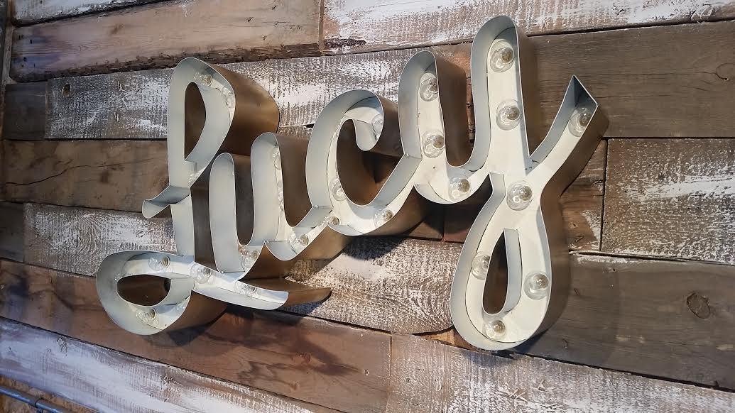 16" metal marquee sign, custom lighted steel letters