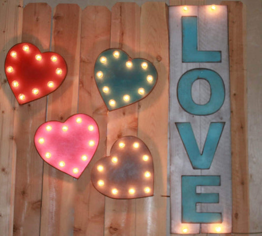 Vintage inspired heart marquee, lighted birch wood sign