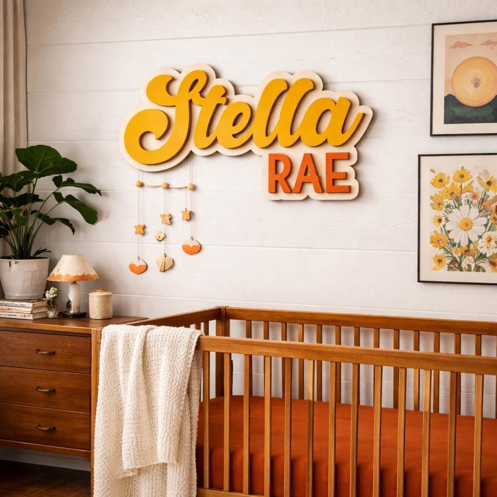 Custom 3d wooden name sign | mid century baby name wall decor, kids room