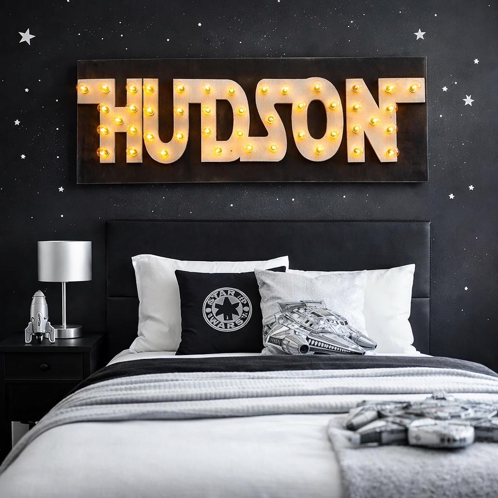 Custom wood marquee sign with lights, personalized name sign