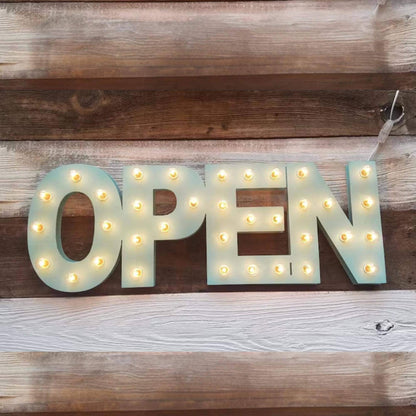 Customizable lighted open sign, vintage style wood marquee