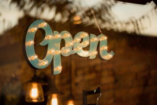 Customizable lighted open sign, vintage style wood marquee
