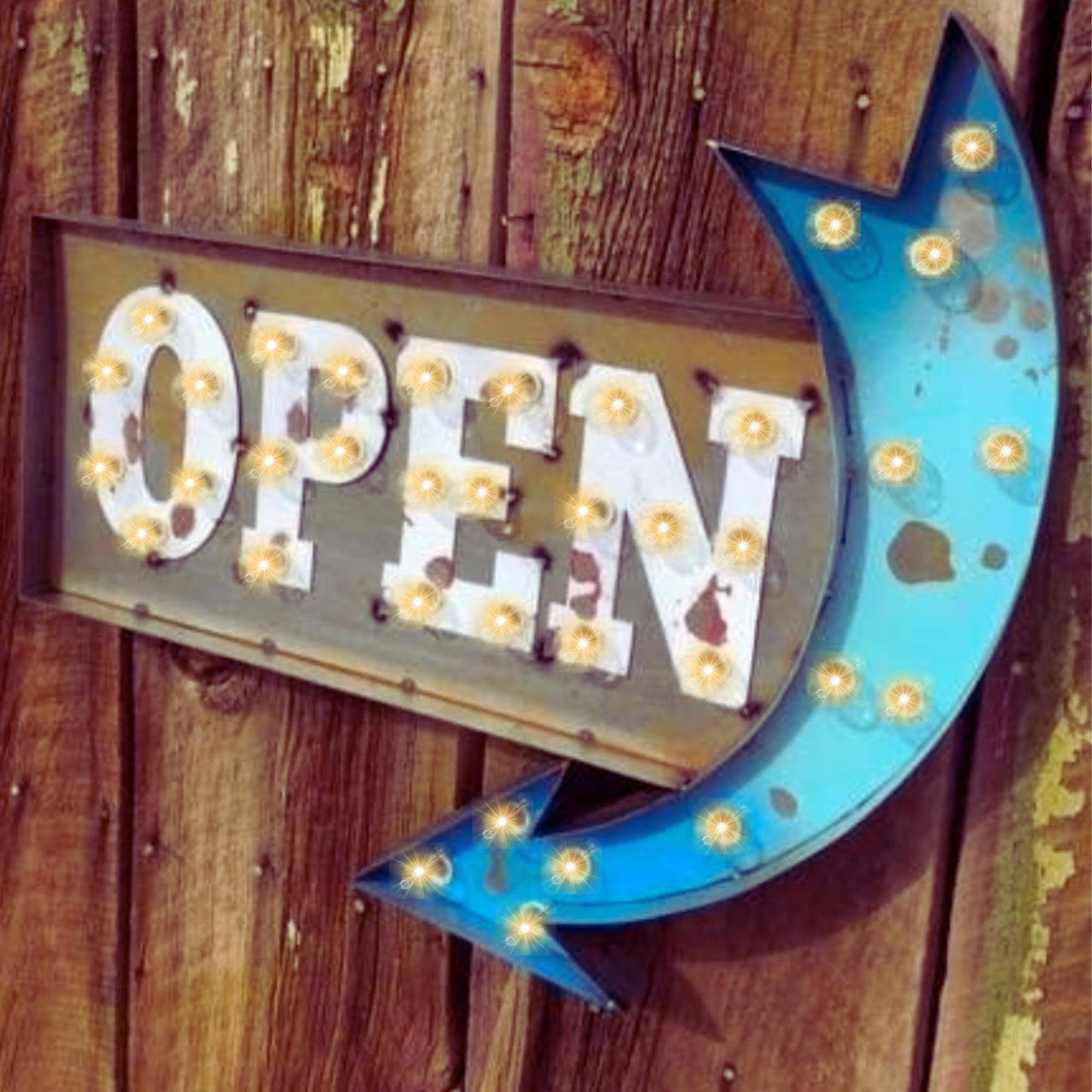 Custom metal open marquee sign with arrow – lighted business sign