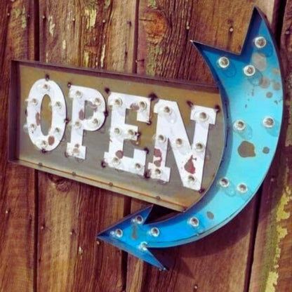 Custom metal open marquee sign with arrow – lighted business sign